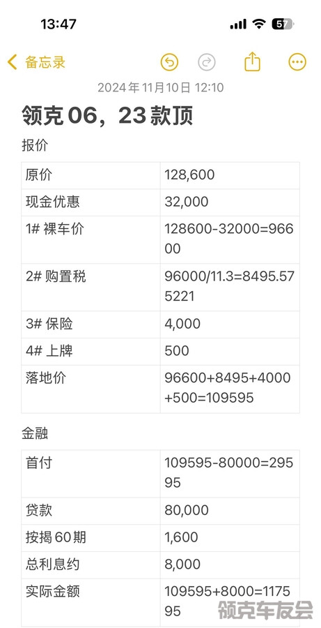 领克06，23款顶配。 第一次报价：有息贷款8万5年，首付约3万。 现金优惠3.2